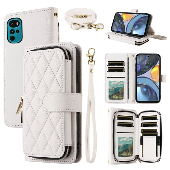 Dswteny Argyle Wallet Case for Motorola Moto G22/E32/E32S with Wrist Strap Shoulder Strap PU Leather Flip Credit Card Holder Stand Cell Phone Cover for MotoG22 G 22 XT2231-2 E 32 32S Girls White