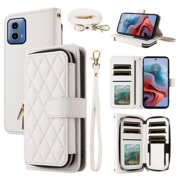 Dswteny Argyle Wallet Case for Motorola Moto G34 5G with Wrist Strap Shoulder Strap Zipper PU Leather Flip Credit Card Holder Stand Accessories Cell Phone Cover for MotoG34 G 34 Women Girls White
