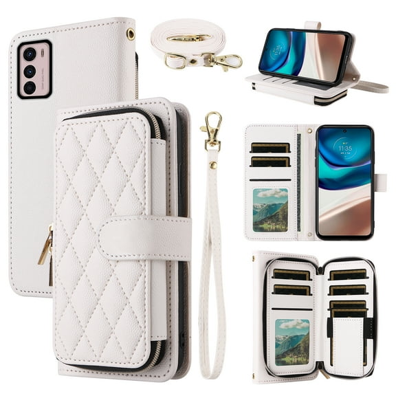 Dswteny Argyle Wallet Case for Motorola Moto G42 4G with Wrist Strap Shoulder Strap, Zipper Purse PU Leather Flip Credit Card Holder Stand Accessories Cell Phone Cover for G 42 4G Women Girls White
