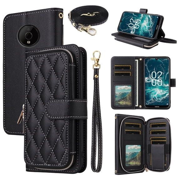 Dswteny Argyle Wallet Case for Nokia C200 with Wrist Strap Shoulder Strap Zipper Purse PU Leather Flip Credit Card Holder Stand Accessories Cell Phone Cover for N151DL C 200 200C 4G Women Girls Black
