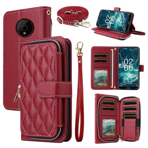 Dswteny Argyle Wallet Case for Nokia C200 with Wrist Strap Shoulder Strap, Zipper Purse PU Leather Flip Credit Card Holder Stand Accessories Cell Phone Cover for N151DL C 200 200C 4G Women Girls Red