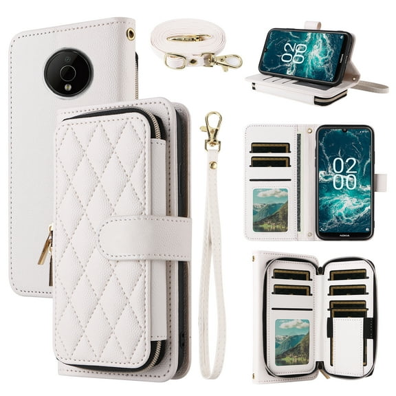 Dswteny Argyle Wallet Case for Nokia C200 with Wrist Strap Shoulder Strap, Zipper Purse PU Leather Flip Credit Card Holder Stand Accessories Cell Phone Cover for N151DL C 200 200C 4G Girls White