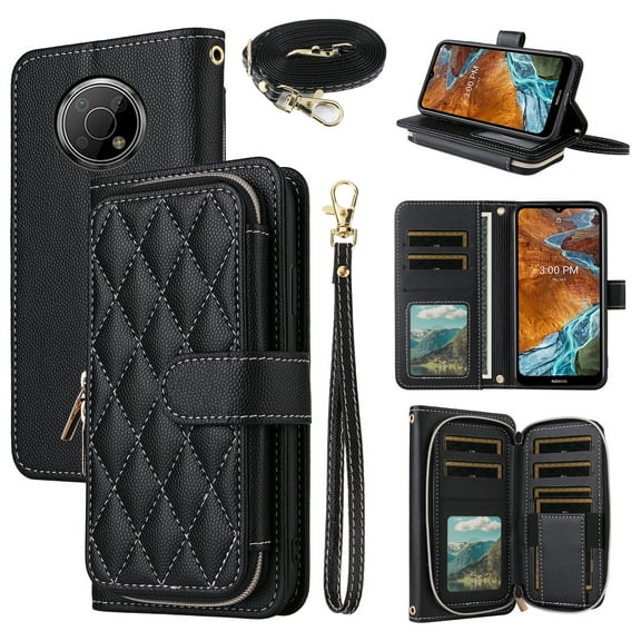Dswteny Argyle Wallet Case for Nokia G300 5G N1374DL with Wrist Strap Shoulder Strap, Zipper PU Leather Flip Credit Card Holder Stand Cell Phone Cover for NokiaG300 G 300 300G 2021 Women Girls Black