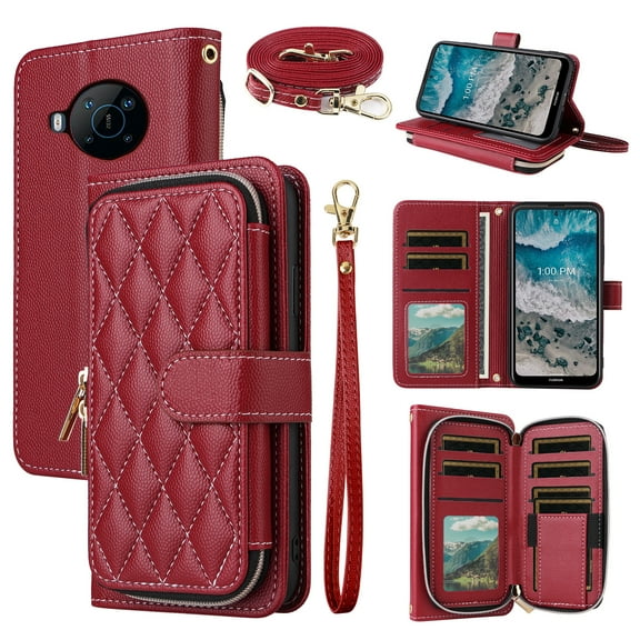 Dswteny Argyle Wallet Case for Nokia X100 5G with Wrist Strap Shoulder Strap Zipper Purse PU Leather Flip Credit Card Holder Stand Cell Phone Cover for NokiaX100 X 100 100X TA-1399 Women Girls Red