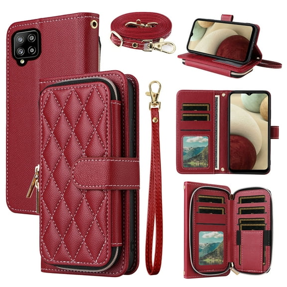 Dswteny Argyle Wallet Case for Samsung Galaxy A12/M12 with Wrist Strap Shoulder Strap, Zipper PU Leather Flip Credit Card Holder Stand Cell Phone Cover for A 12 5G A-12 S12 12A 4G Women Girls Red