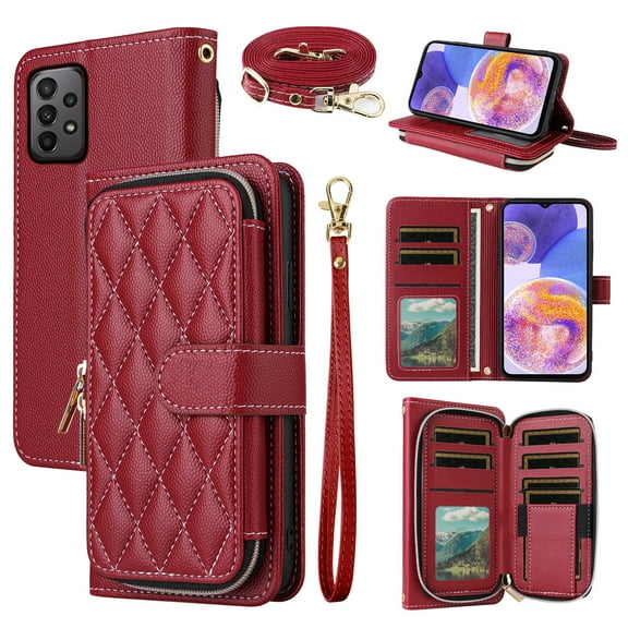 Dswteny Argyle Wallet Case for Samsung Galaxy A13 5G with Wrist Shoulder Strap Zipper Flip Credit Card Holder Stand Cell Phone Cover for A04S M13 G5 A 13 2022 13A A135G SM A136U Women Girls Red