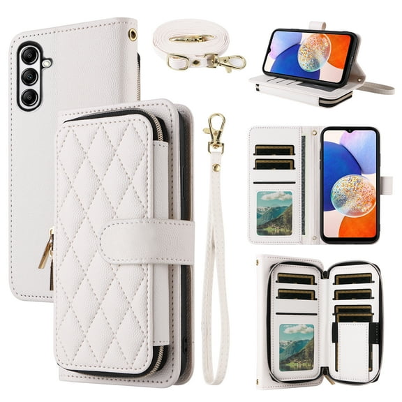 Dswteny Argyle Wallet Case for Samsung Galaxy A14/M14 5G with Wrist Strap Shoulder Strap Zipper PU Leather Flip Credit Card Holder Stand Cell Phone Cover for A 14 4G 14A 14M G5 Women Girls White
