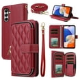 thumbnail image 1 of Dswteny Argyle Wallet Case for Samsung Galaxy A14/M14 5G with Wrist Strap Shoulder Strap Zipper PU Leather Flip Credit Card Holder Stand Cell Phone Cover for A 14 4G 14A 14M G5 Women Girls Red, 1 of 7