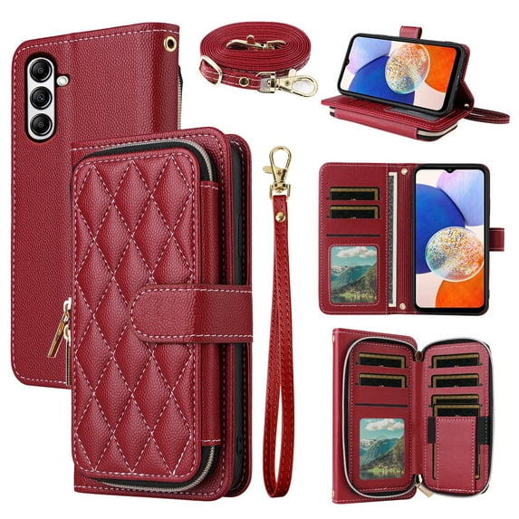 Dswteny Argyle Wallet Case for Samsung Galaxy A14/M14 5G with Wrist Strap Shoulder Strap Zipper PU Leather Flip Credit Card Holder Stand Cell Phone Cover for A 14 4G 14A 14M G5 Women Girls Red