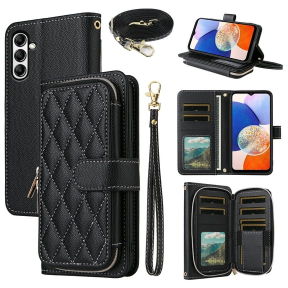 Dswteny Argyle Wallet Case for Samsung Galaxy A21 with Wrist Strap Shoulder Strap, Zipper Purse PU Leather Flip Credit Card Holder Stand Accessories Cell Phone Cover for 21A 2020 Women Girls Black