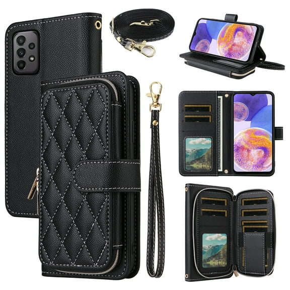 Dswteny Argyle Wallet Case for Samsung Galaxy A32 4G 6.4 inch with Wrist Strap Shoulder Strap PU Leather Flip Credit Card Holder Cell Phone Cover for A 32 32A S32 G4 SM-A325M/DS Women Girls Black