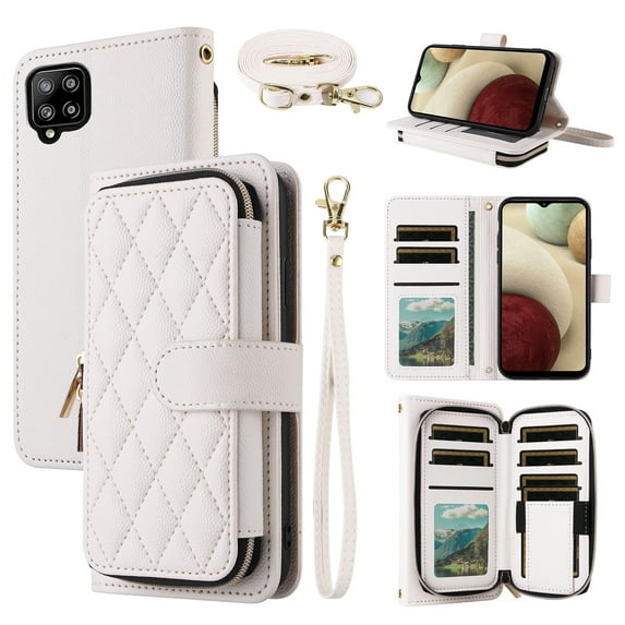 Dswteny Argyle Wallet Case for Samsung Galaxy A42 5G with Wrist Strap Shoulder Strap, Zipper Flip Folio Purse Credit Card Holder Stand Cell Phone Cover for A 42 G5 42A S42 4G 2021 Women Girls White