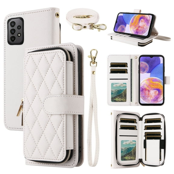 Dswteny Argyle Wallet Case for Samsung Galaxy A53 5G with Wrist Strap Shoulder Strap Zipper Purse Flip Credit Card Holder Stand Cell Phone Cover for A 53 G5 53A SM A536U 6.5" 2022 Women Girls White