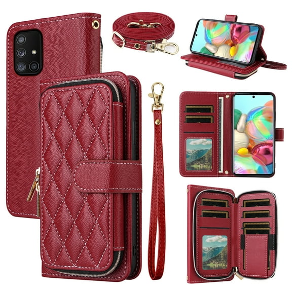 Dswteny Argyle Wallet Case for Samsung Galaxy A71 5G with Wrist Strap Shoulder Strap, Zipper Purse PU Leather Flip Credit Card Holder Stand Cell Phone Cover for A 71 G5 71A S71 Women Girls Red