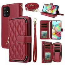 Dswteny Argyle Wallet Case for Samsung Galaxy A71 5G with Wrist Strap Shoulder Strap, Zipper Purse PU Leather Flip Credit Card Holder Stand Cell Phone Cover for A 71 G5 71A S71 Women Girls Red