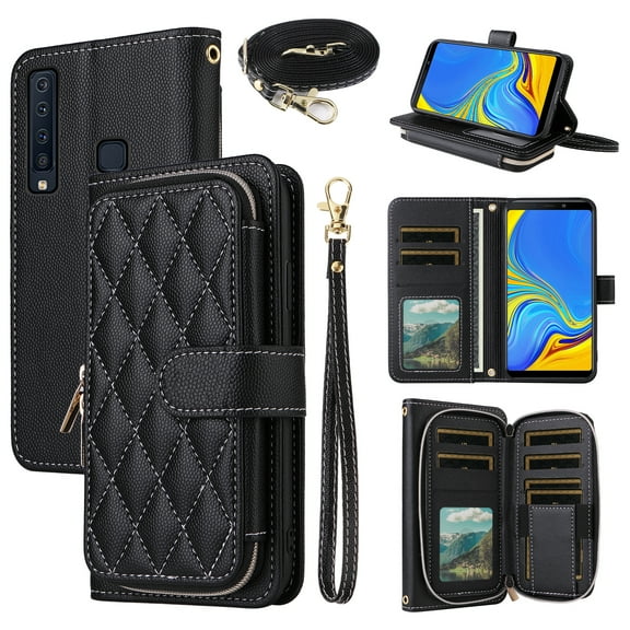 Dswteny Argyle Wallet Case for Samsung Galaxy A9 2018 with Wrist Strap Shoulder Strap, Zipper PU Leather Flip Credit Card Holder Stand Cell Phone Cover for 9A Star Pro A9S A920 A920F Girls Black