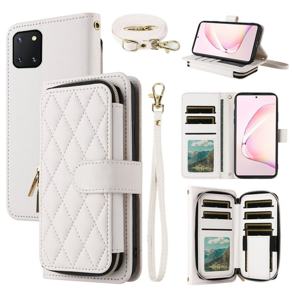 Dswteny Argyle Wallet Case for Samsung Galaxy Note 10 Lite with Wrist Strap Shoulder Strap, Zipper Purse PU Leather Flip Credit Card Holder Stand Cell Phone Cover for A81 M60S N770F Women Girls White