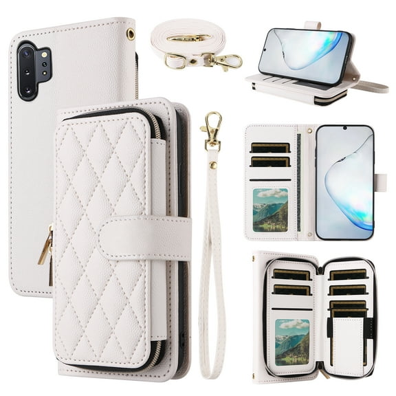 Dswteny Argyle Wallet Case for Samsung Galaxy Note 10 Plus Note10+ 5G with Wrist Strap Shoulder Strap, Zipper Credit Card Holder Stand Cell Phone Cover for Note10 + Notes 10+ Ten Not S10 10Plus White