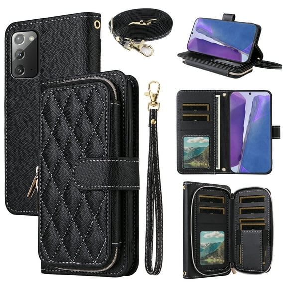 Dswteny Argyle Wallet Case for Samsung Galaxy Note 20 5G with Wrist Strap Shoulder Strap, Zipper Flip Credit Card Holder Stand Cell Phone Cover for Note20 Notes 20s Twenty Not S20 Women Girls Black