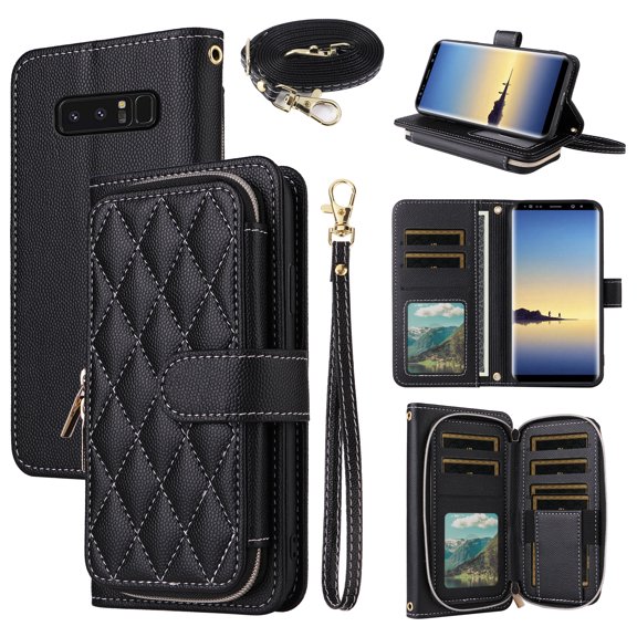 Dswteny Argyle Wallet Case for Samsung Galaxy Note 8 with Wrist Strap Shoulder Strap, Zipper Purse PU Leather Flip Credit Card Holder Stand Cell Phone Cover for Note8 Not S8 Gaxaly Women Girls Black