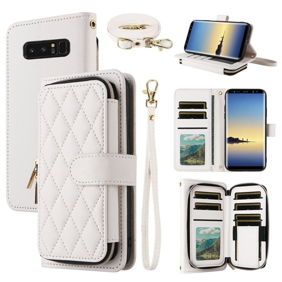 Dswteny Argyle Wallet Case for Samsung Galaxy Note 8 with Wrist Strap Shoulder Strap Zipper Purse PU Leather Flip Credit Card Holder Stand Cell Phone Cover for Note8 Not S8 Gaxaly Women Girls White