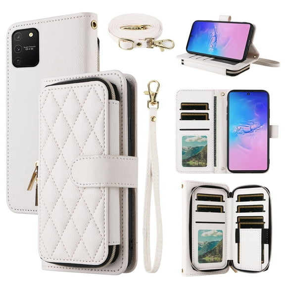 Dswteny Argyle Wallet Case for Samsung Galaxy S10 Lite with Wrist Strap Shoulder Strap, Zipper PU Leather Flip Credit Card Holder Stand Cell Phone Cover for S10lite S 10 10s A91 Women Girls White