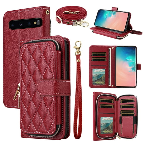 Dswteny Argyle Wallet Case for Samsung Galaxy S10 with Wrist Strap Shoulder Strap, Zipper PU Leather Credit Card Holder Stand Accessories Cell Phone Cover for S 10 Edge 10S GS10 X10 Women Girls Red