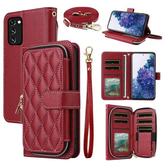 Dswteny Argyle Wallet Case for Samsung Galaxy S20 FE 5G 6.5 inch with Wrist Shoulder Strap, Flip Credit Card Holder Cell Phone Cover for S 20 EF UW 2022 S20FE5G S20FE 20S S2O Fan Edition 4G G5 Red