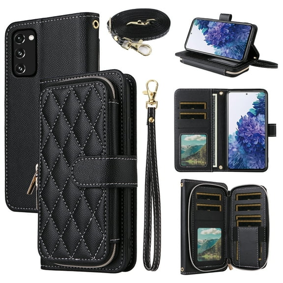 Dswteny Argyle Wallet Case for Samsung Galaxy S20 FE 5G 6.5 inch with Wrist Shoulder Strap, Flip Credit Card Holder Cell Phone Cover for S 20 EF UW 2022 S20FE5G S20FE 20S S2O Fan Edition 4G G5 Black