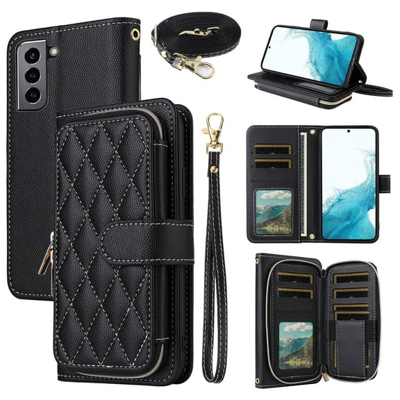 Dswteny Argyle Wallet Case for Samsung Galaxy S22 5G with Wrist Strap Shoulder Strap Zipper PU Leather Flip Credit Card Holder Stand Cell Phone Cover for S 22 22S 4G G5 6.1 inch Women Girls Black