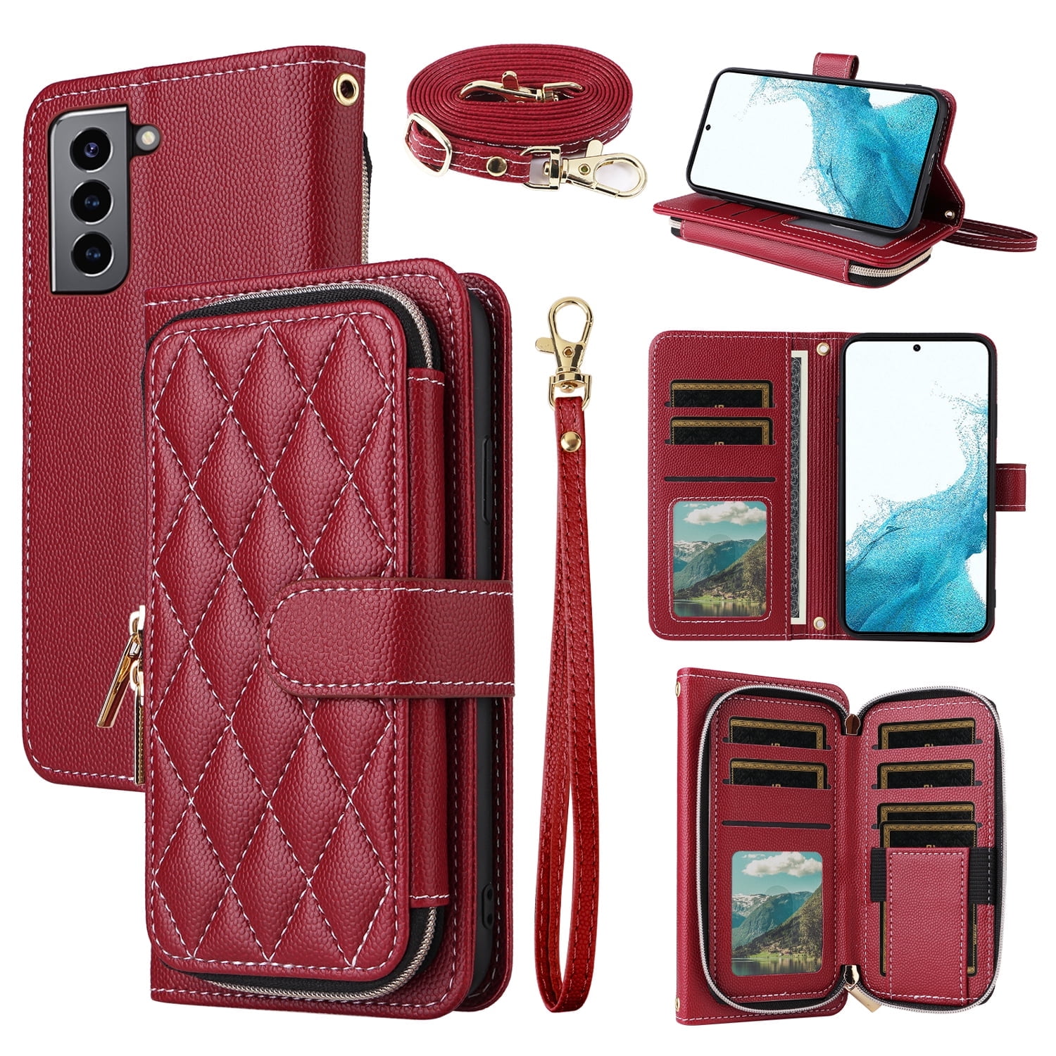 Dswteny Argyle Wallet Case for Samsung Galaxy S22 5G with Wrist Strap Shoulder Strap Zipper PU Leather Flip Credit Card Holder Stand Cell Phone Cover for S 22 22S 4G G5 6.1 inch Women Girls Red