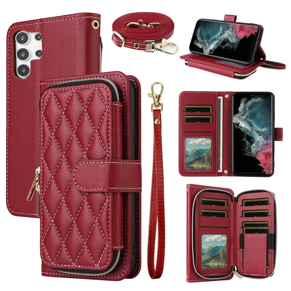 Dswteny Argyle Wallet Case for Samsung Galaxy S22 Ultra 5G with Wrist Strap Shoulder Strap,Zipper Flip Credit Card Holder Stand Cell Phone Cover for S22ultra 22S S 22 S22ultra5g 6.8 Women Girls Red