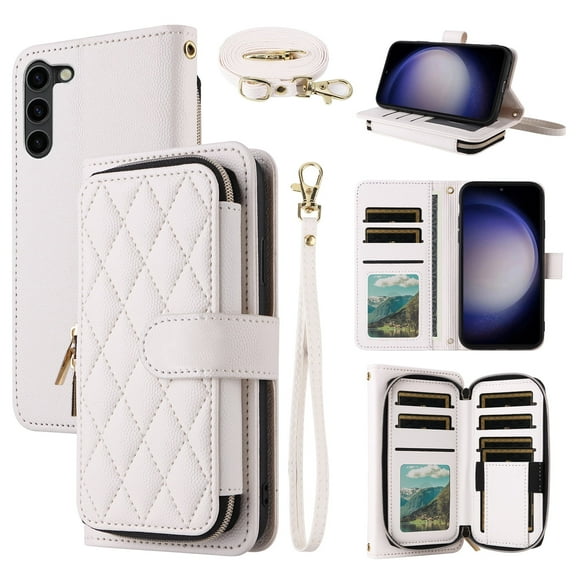Dswteny Argyle Wallet Case for Samsung Galaxy S23 Plus S23 5G with Wrist Strap Shoulder Strap Zipper Flip Credit Card Holder Stand Cell Phone Cover for S23plus 23S S 23 23 SM-S916U 6.6 inch White
