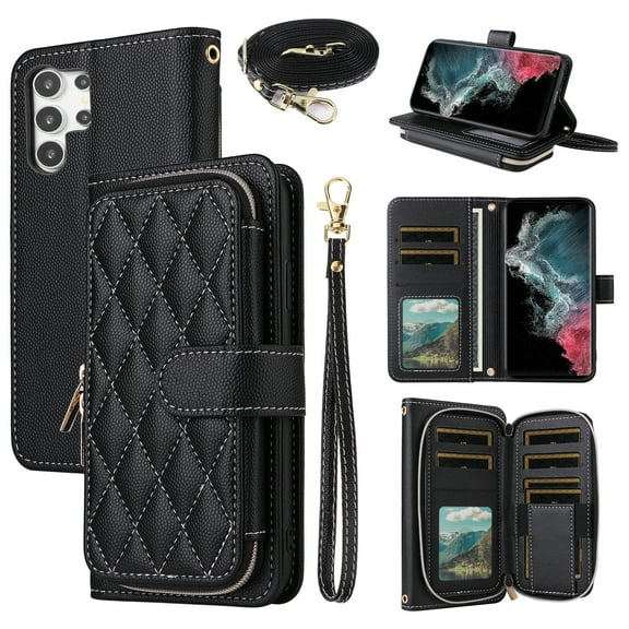 Dswteny Argyle Wallet Case for Samsung Galaxy S24 Ultra 5G with Wrist Strap Shoulder Strap Flip Credit Card Holder Stand Accessories Cell Phone Cover for S24Ultra 24S S 24 24Ultra Women Girls Black