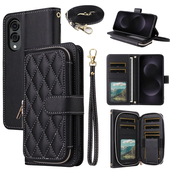 Dswteny Argyle Wallet Case for Samsung Galaxy S25 Edge 5G with Wrist Strap Shoulder Strap Card Slots Zipper Flip Card Holder Stand Cell Phone Cover for S25Edge 25S S 25 25Edge 6.66 2025 Girls Black