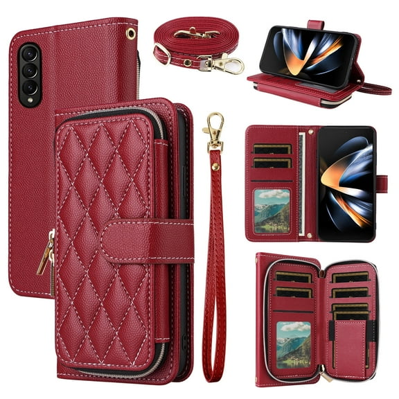 Dswteny Argyle Wallet Case for Samsung Galaxy Z Fold 4 5G 2022 with Wrist Strap Shoulder Strap Zipper Flip Credit Card Holder Stand Cell Phone Cover for ZFold4 Z4 Fold4 4Z ZFold45G Women Girls Red