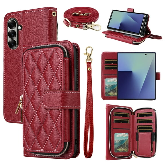 Dswteny Argyle Wallet Case for Samsung Galaxy Z Fold 7 with Wrist Strap Shoulder Strap 9  Card Slots Zipper Flip Credit Card Holder Stand Cell Phone Cover for Samsung Z Fold 7 2025 Women Girls Red