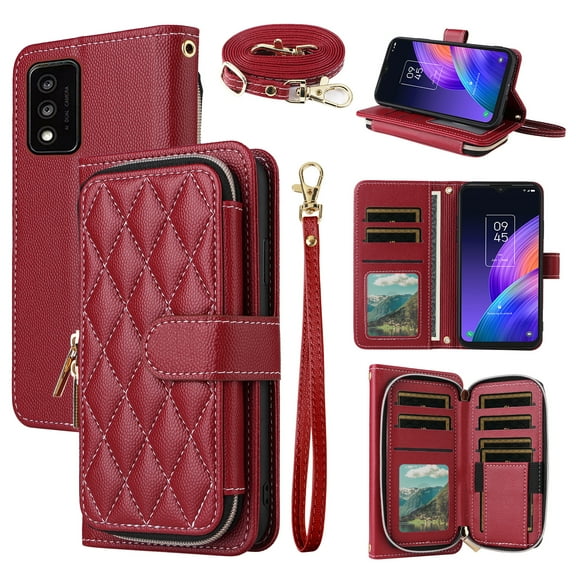 Dswteny Argyle Wallet Case for TCL 30T T603DL with Wrist Strap Shoulder Strap Zipper Purse PU Leather Flip Credit Card Holder Stand Accessories Cell Phone Cover for TCL30T 30 T Women Girls Red