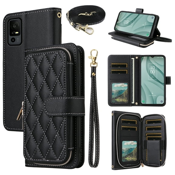Dswteny Argyle Wallet Case for TCL 40 XL/40T 2023 with Wrist Strap Shoulder Strap Zipper Purse Luxury Flip Credit Card Holder Stand Cell Phone Cover for TCL40XL 40XL 5G T608M T608DL Women Girls Black