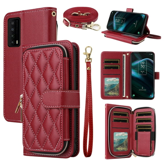 Dswteny Argyle Wallet Case for TCL Stylus 5G 2022 with Wrist Strap Shoulder Strap PU Leather Flip Credit Card Holder Stand Accessories Cell Phone Cover for TLC Stylo G5 6.81 T779W Women Girls Red