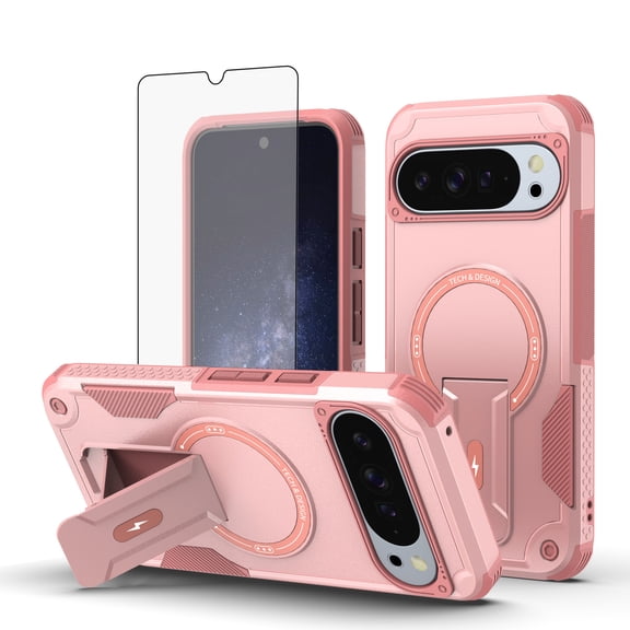 Dswteny Phone Case for Google Pixel 10/Pixel 10 Pro Compatible with Magsafe Tempered Glass Screen Protector Cell Cover Stand Rugged Shockproof Heavy Duty Magnetic Protective Pixel10 10Pro Women Pink