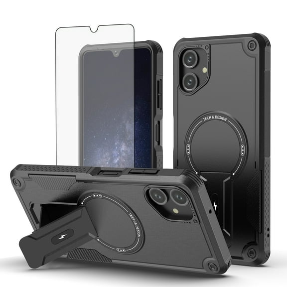 Dswteny Phone Case for Samsung Galaxy A06 5G Compatible with Magsafe Tempered Glass Screen Protector Cell Cover Stand Rugged Shockproof Heavy Duty Magnetic Protective Ao6 A 06 4G LTE Women Men Black