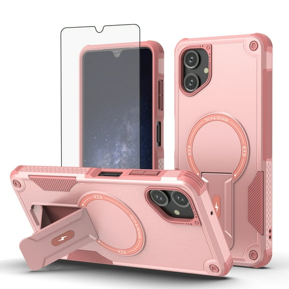 Dswteny Phone Case for Samsung Galaxy A06 5G Compatible with Magsafe Tempered Glass Screen Protector Cell Cover Stand Rugged Shockproof Heavy Duty Magnetic Protective Ao6 A 06 4G LTE Women Women Pink