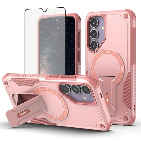 Dswteny Phone Case for Samsung Galaxy A16 5G/4G Compatible with Magsafe Tempered Glass Screen Protector Cell Cover Stand Rugged Shockproof Heavy Duty Magnetic Protective A 16 16A SM-A166U Women Pink