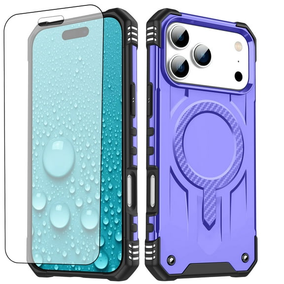Dswteny Phone Case Compatible with iPhone 17 Pro 6.3 inch Magsafe Tempered Glass Screen Protector Cell Cover Rugged Shockproof Heavy Duty Magnetic Protective i Phone17 i17 17Pro Women Men Purple