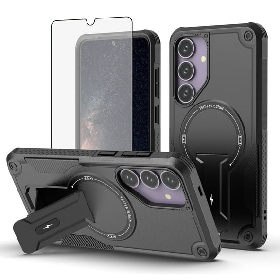 Dswteny Phone Case for Samsung Galaxy S24/S25 5G Compatible with Magsafe Tempered Glass Screen Protector Cell Cover Stand Rugged Shockproof Magnetic Protective S 24 24S 25 25S G5 SM-S931U Men Black