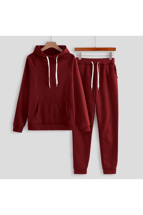 Athletic Outfits for Women Womens Casual Solid Color Sets Hooded Long Sleeve Sweatshirt and Sweatpants Tracksuit Loose Two Piece Sport Suits