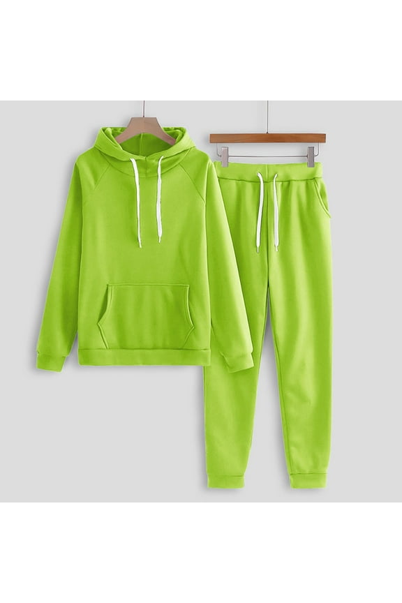 Athletic Outfits for Women Womens Casual Solid Color Sets Hooded Long Sleeve Sweatshirt and Sweatpants Tracksuit Loose Two Piece Sport Suits