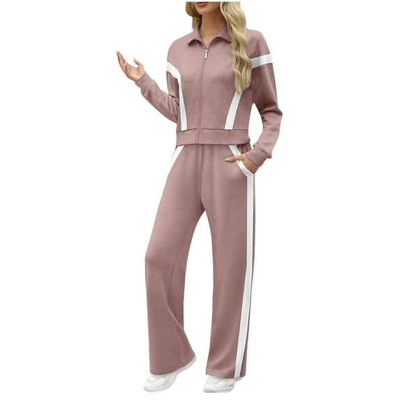 Dxzfnsa Fall 2 Piece Outfits for Women Womans Fashion Solid Color Casual Sets Zipper Round Neck Long Sleeve Coats and Elastic Waist Pockets Pants Sets