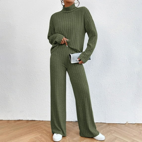 Dxzfnsa Knit Sets for Women Women's Fashion Solid Color Knitted Sets High Neck Long Sleeve Long Pants Sets Warm Casual Two Piece Outfits